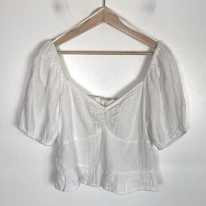 Roxy Gauze Babydoll Crop Top Size XL White Puff Sleeve Smocked Summer Beach